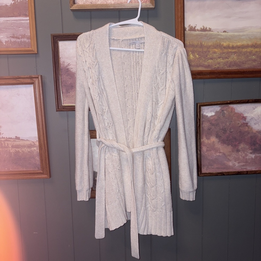 Cozy Cotton Blend Cable Knit Grandpa Sweater With Tie Women's Size Medium Cozy